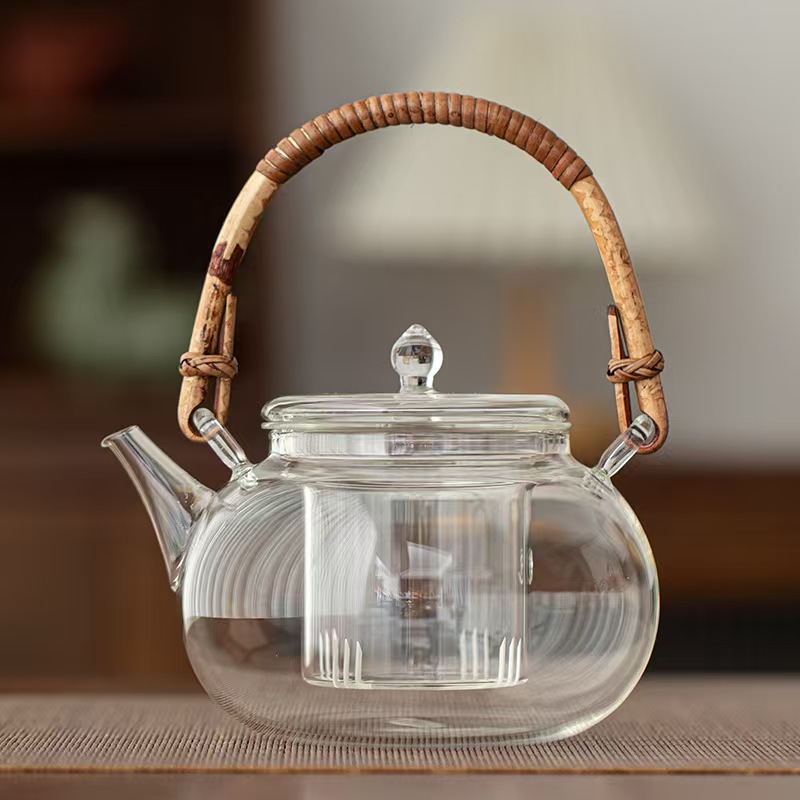 Großer Topf mit Griff aus Bambus-Rattan und Glas